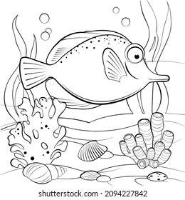 Escena bajo el agua con peces payaso adorables y arrecife de coral. Página de coloreado imprimible para niños. Ilustración vectorial en blanco y negro
