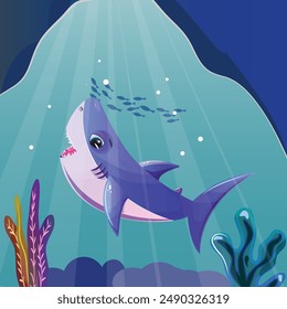 Underwater scene with cute little purple shark in the middle of a cave. Seagrass grows at the bottom, adding to the marine ambiance