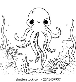 Underwater scene with cute octopus in line art style.  Kawaii character design. Printable colouring page for children. Ready to print black and white image.