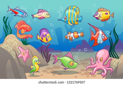 Underwater Scene. Cute Sea Tropical Fishes Ocean Underwater Animals. Undersea Bottom With Corals Seaweeds Kids Cartoon Vector Concept