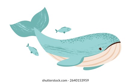 Underwater scene with a cute whale. Aquatic illustration featuring fish and sea creatures. Flat vector illustration.