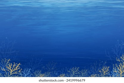 Underwater Scene in deep blue ocean for Summer Background with tropical seabed with reef and sunlight shining through water waves surface texture