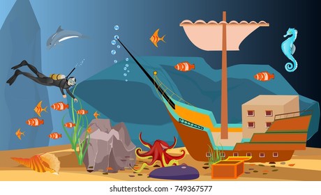 Underwater scene diver and sunken ship with treasure, vector.