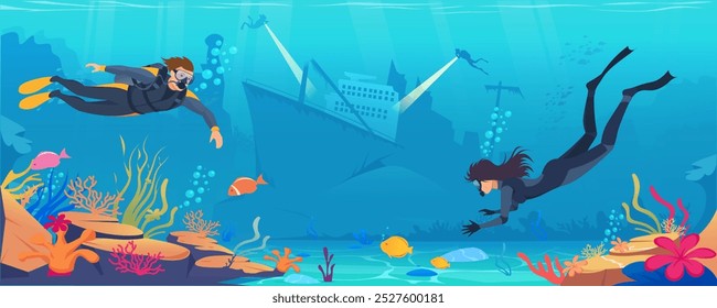 Cena subaquática com mergulhadores explorando um recife de coral. Ilustração vetorial