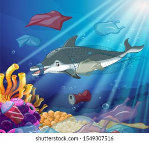Underwater scene with dolphin and plastic bags illustration