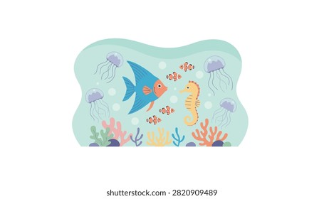 Underwater scene featuring a blue fish, seahorse, and jellyfish swimming amidst colorful coral and bubbles in a light teal aquarium.