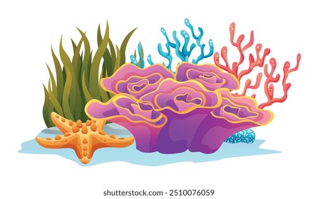Cena subaquática com coral, algas e estrelas-do-mar. Ilustração de desenho animado vetorial