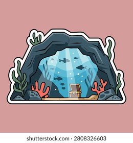 Underwater scene featuring a sea cave treasure chest seaweed fish sunlight filtering through and seabed