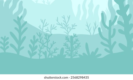 Underwater scene featuring seaweed and coral silhouettes in calming aqua tones, perfect for ocean-themed designs, backgrounds, or educational projects.