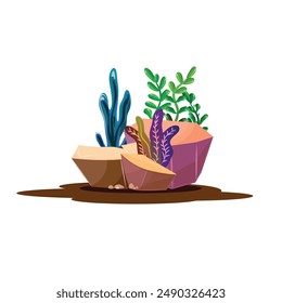 Underwater scene featuring vibrant plants growing among stones