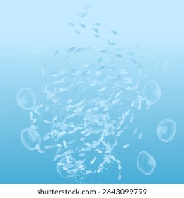 An underwater scene filled with fish swimming in a spiral formation, accompanied by floating translucent jellyfish.