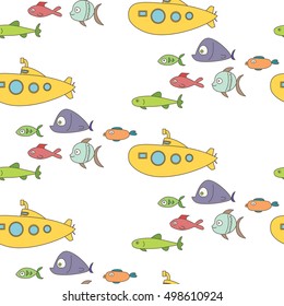 Underwater scene: fish and submarines. Vector seamless pattern