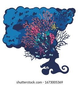 Underwater scene with fishes and coral reef in the human head silhouette.