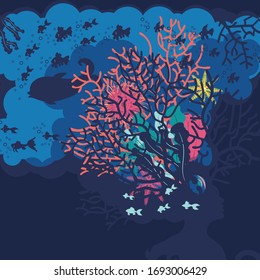 Underwater scene with fishes and coral reef in the human head silhouette.