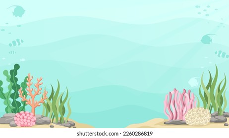 Underwater scene with fishes, coral reef and seaweed banner. Marine life vector design template. Backgrounds with copy space for text for banners, social media stories svg