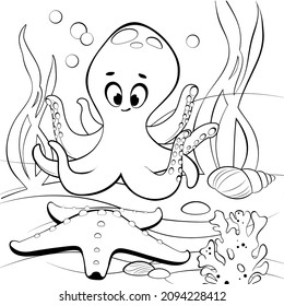 Underwater scene with funny octopus, starfish and coral reef. Printable coloring page for kids. Black and white vector illustration