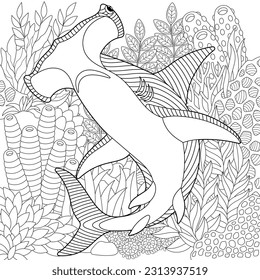 Underwater scene with a hammerhead shark. Adult coloring book page with intricate mandala and zentangle elements.