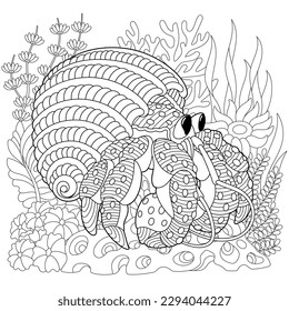 Underwater scene with a hermit crab. Adult coloring book page with intricate mandala and zentangle elements