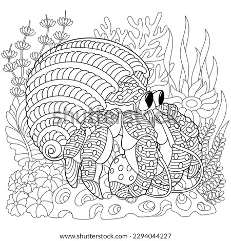 Underwater scene with a hermit crab. Adult coloring book page with intricate mandala and zentangle elements