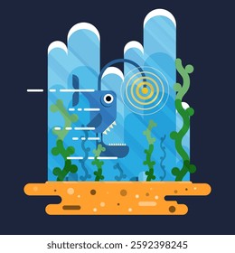 Underwater scene illustrates a playful fish exploring its environment amidst colorful plants and bubbles, creating a lively atmosphere in an ocean habitat.