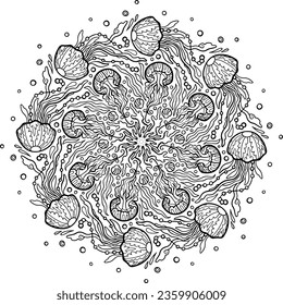 Underwater scene with a jellyfish. Adult coloring book page with intricate mandala and zentangle elements.