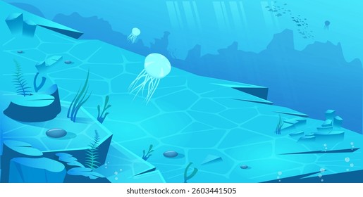 Underwater scene with jellyfish and rocks in blue tones. Vector illustration