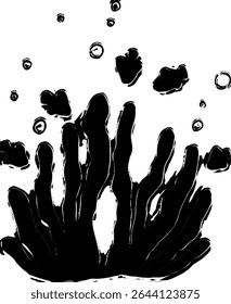 Underwater scene with jellyfish silhouette 
 and glowing marine life.