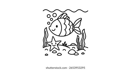 Underwater Scene Line Art Design with Fish, Starfish, and Seaweed
