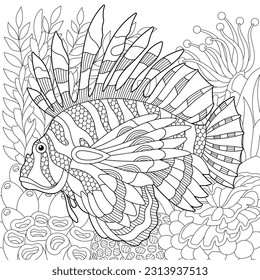 Underwater scene with a lionfish. Adult coloring book page with intricate mandala and zentangle elements.