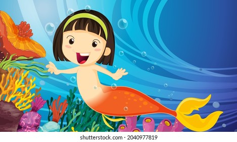 Underwater scene with little mermaid cartoon character illustration