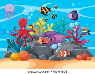 Underwater scene with many sea animals illustration