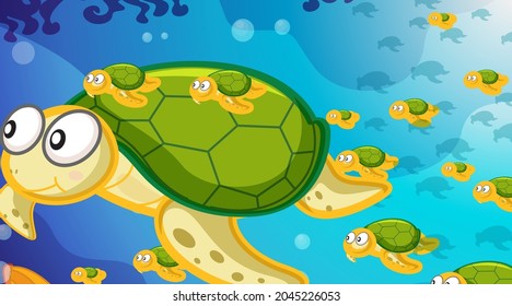 Underwater scene with many turtles swimming illustration