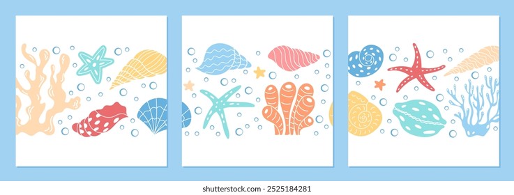 Underwater scene with marine life, including starfish, sea shells, and coral. A beautiful, colorful reef and aquatic life in ocean water at design template for social media post