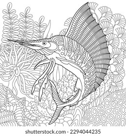Escena submarina con un pez marlín. Página del libro de coloreado para adultos con elementos complicados de mandala y zentángulo