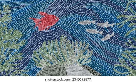 Underwater scene mosaic background with colored fishes, vector illustration