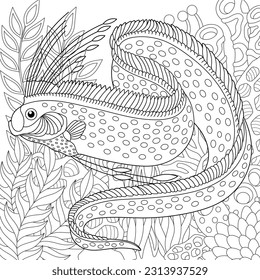 Underwater scene with the oarfish. Adult coloring book page with intricate mandala and zentangle elements.