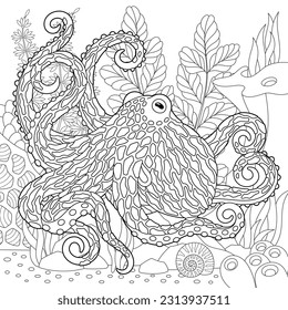 Underwater scene with the octopus. Adult coloring book page with intricate mandala and zentangle elements.