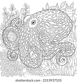 Underwater scene with the octopus. Adult coloring book page with intricate mandala and zentangle elements.