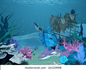  Underwater scene with old pirate ship