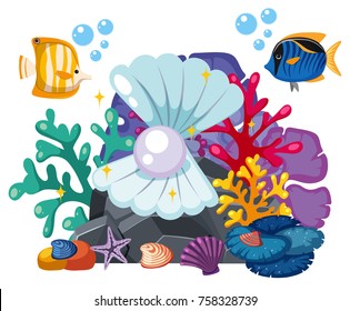 Underwater scene with pearl and fish illustration