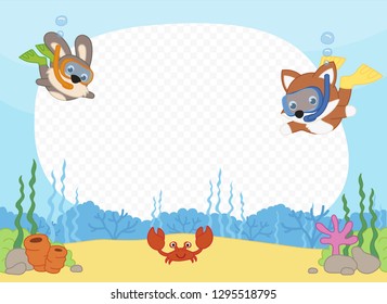 Underwater scene. Photo frame with friends practicing snorkeling. Summer illustration for kids.