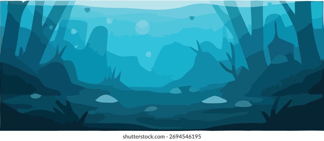 Cena subaquática com rochas, plantas e bolhas em vários tons de azul.