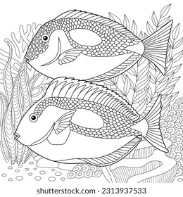 Underwater scene with a royal blue tang or surgeonfish. Adult coloring book page with intricate mandala and zentangle elements.