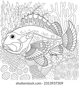 Underwater scene with a ruffe fish. Adult coloring book page with intricate mandala and zentangle elements.