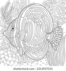 Underwater scene with a sailfin tang fish. Adult coloring book page with intricate mandala and zentangle elements.