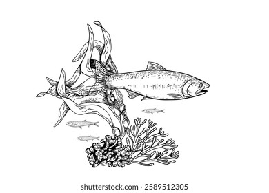 Underwater Scene with salmon Fish, Seaweed, and Coral vector monochrome Hand Drawn. Trout Black White Marine life Illustration engraving. Ocean Life drawing in graphic, Nautical Design packaging.