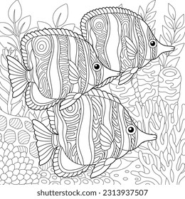 Underwater scene with a school of butterflyfish. Adult coloring book page with intricate mandala and zentangle elements.