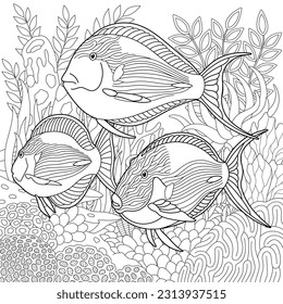 Underwater scene with a school of eye-stripe surgeonfish. Adult coloring book page with intricate mandala and zentangle elements.