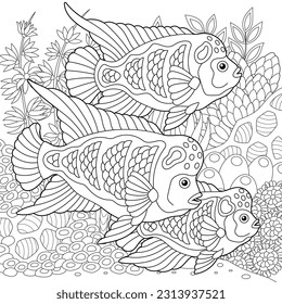 Underwater scene with a school of flowerhorn cichlid. Adult coloring book page with intricate mandala and zentangle elements.