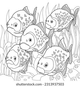 Underwater scene with a school of piranha fish. Adult coloring book page with intricate mandala and zentangle elements.